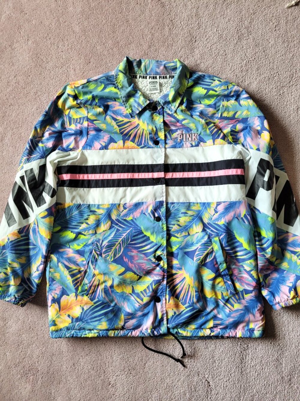 Victoria's Secret Pink Tropical Print Sherpa Lined Windbreaker Jacket Size M
